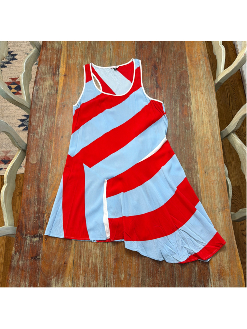 The Kit Striped Colorblock Asymmetrical Dress Red Light Blue Tank Midi Size XL